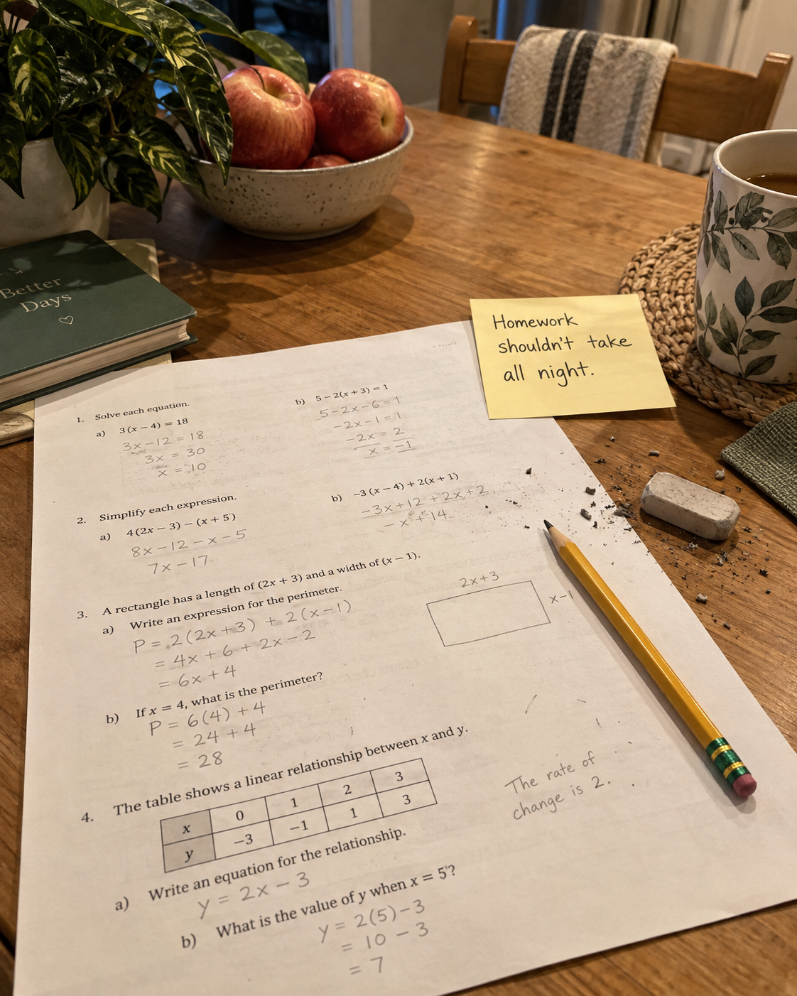 A math worksheet with erased pencil marks and a note that homework should not take all night