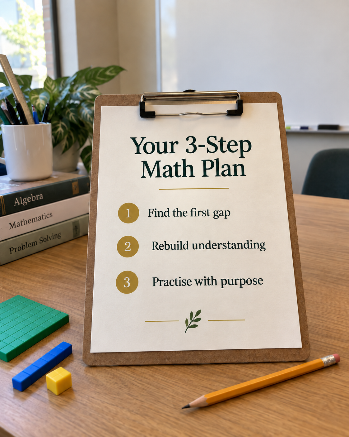 A three-step math learning plan on a clipboard